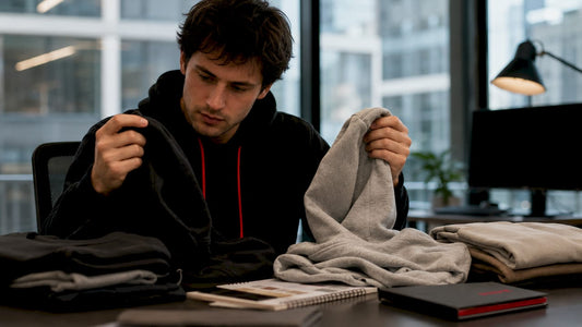 Man comparing polyester and cotton hoodies