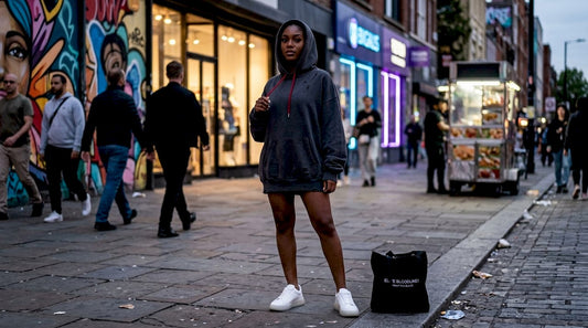 Young woman modeling luxury streetwear on city street at dusk