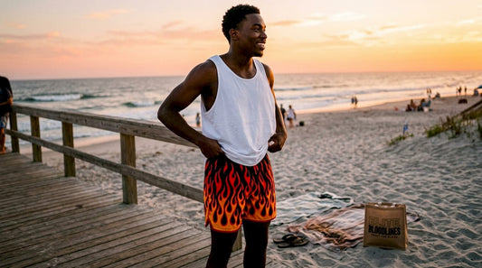 Man wearing flame shorts on urban street
