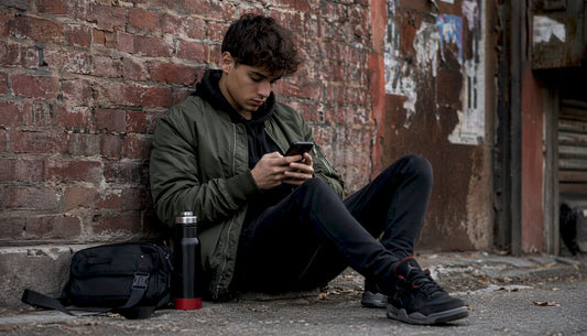 Young man browsing streetwear alternatives outdoors