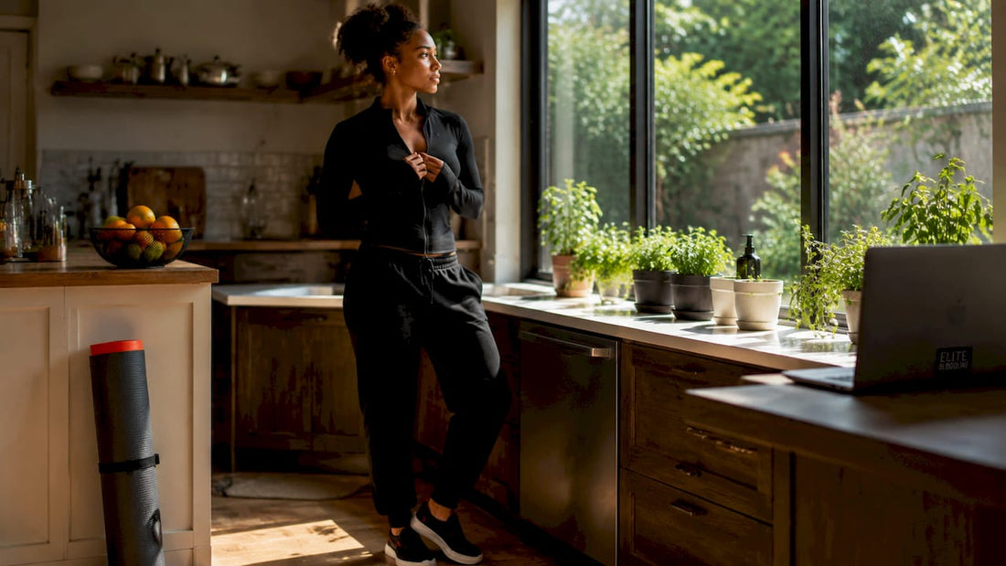 Woman in stylish athleisure wear at home