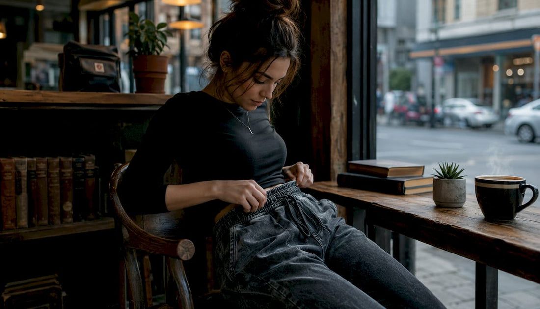 Model wearing stone wash joggers in loft