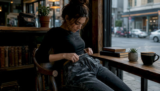 Model wearing stone wash joggers in loft