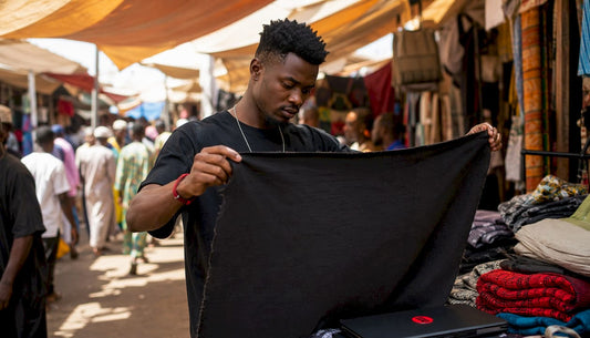 Designer examining heavyweight t-shirt fabric texture