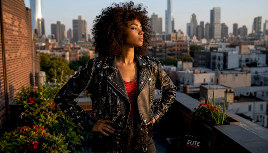 Young woman in pierced leather streetwear jacket outdoors