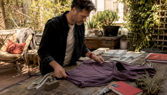 Expert examining vintage purple hoodie fabric closely