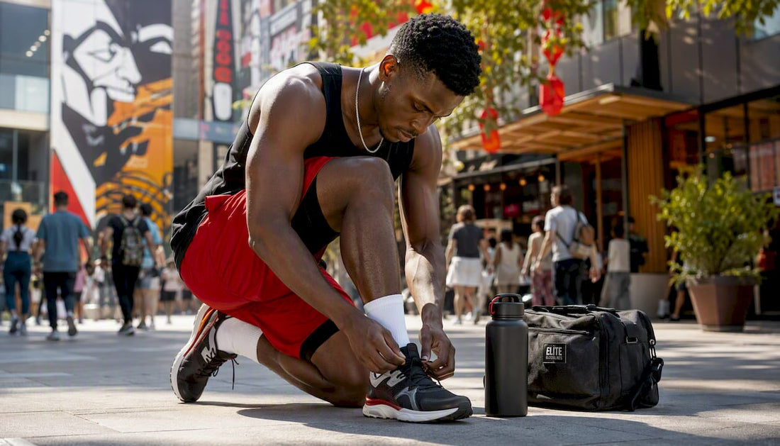 Black man tying running shoes outdoors wearing gym shorts