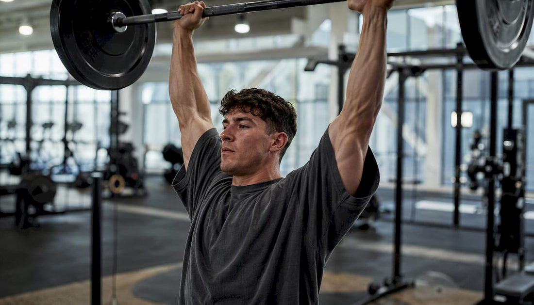 Man lifting weights in heavyweight gym shirt