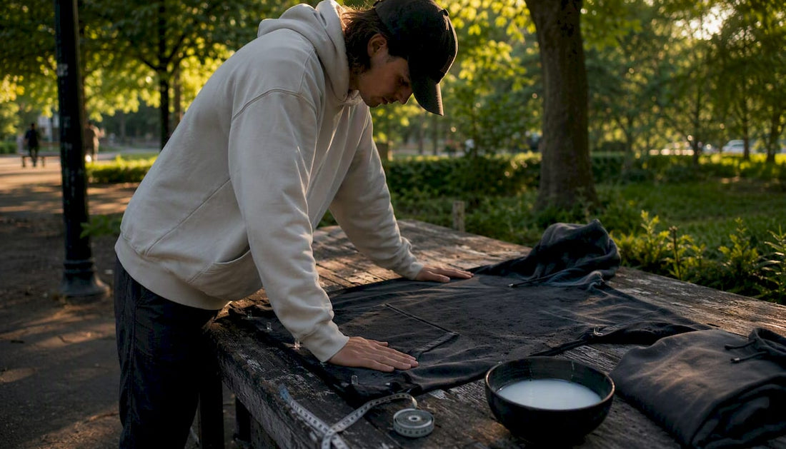 Person stretching hoodie flat to dry