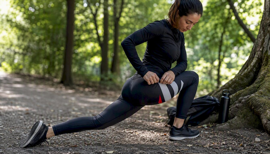 Person adjusting graphic compression leggings outdoors