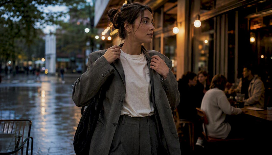 Woman layered streetwear outfit city street