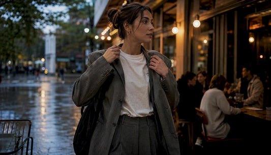 Woman layered streetwear outfit city street