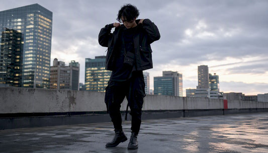 Person wearing layered all-black streetwear