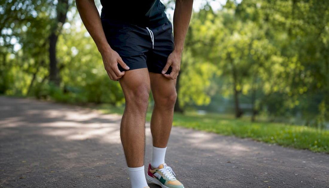 Man adjusting mid-thigh shorts outdoors