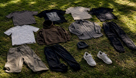 Flat lay of 12 streetwear capsule wardrobe pieces