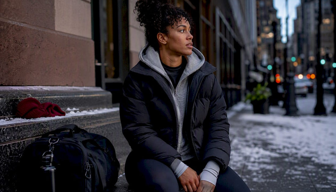 Person layering zip-up jacket over hoodie outdoors