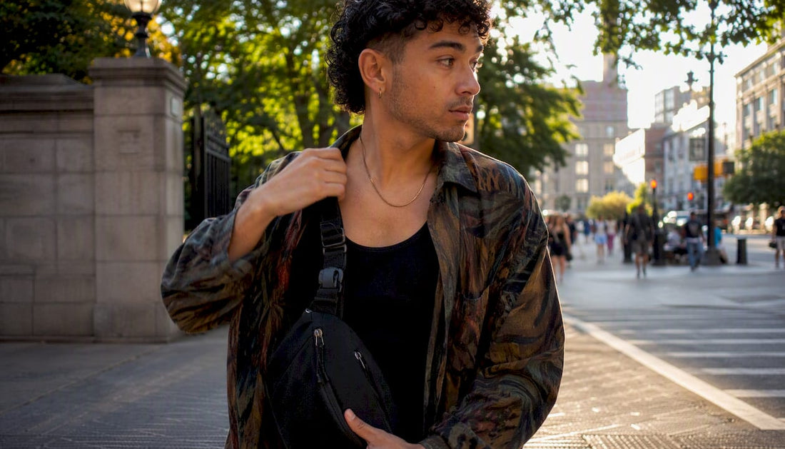 Young adult in gym-to-street outfit on city street