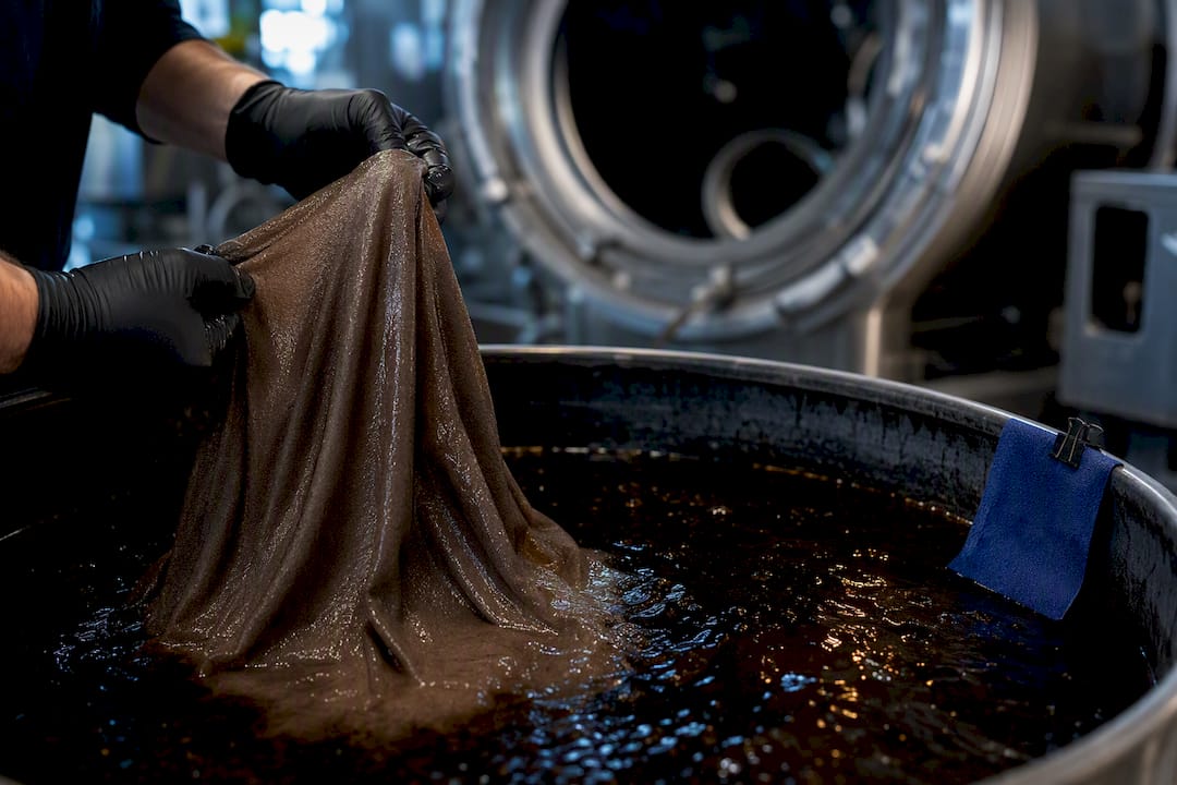Technician lifting fabric from dye bath