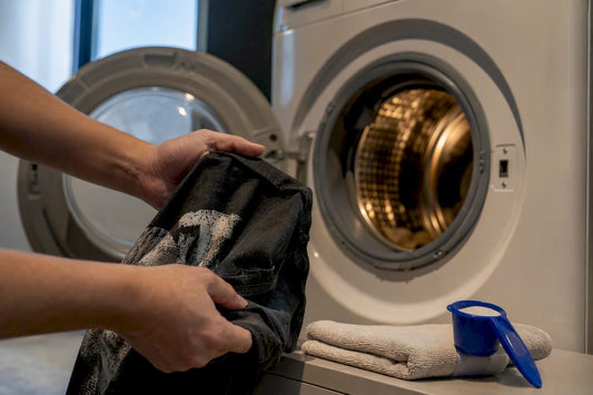 Hands preparing printed fabric for gentle washing
