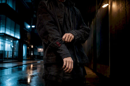 Young adult styling a dark streetwear look