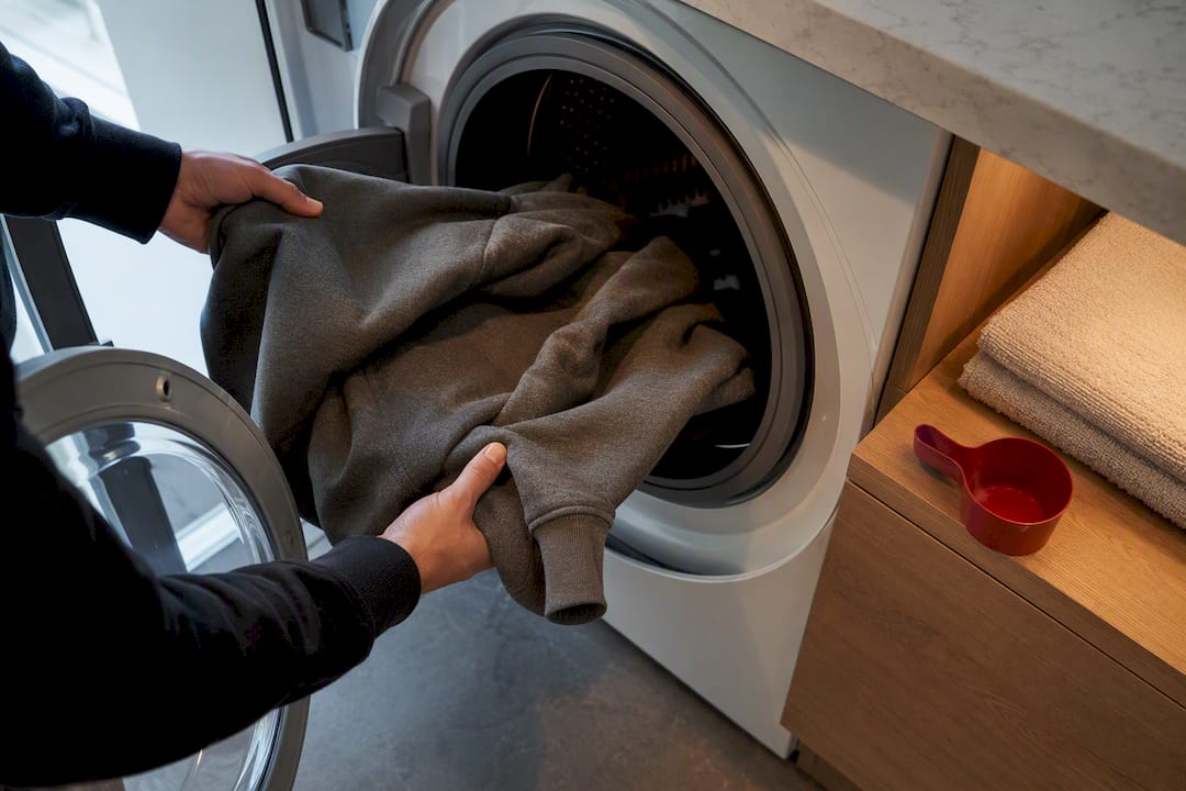 Hands loading hoodie into washing machine