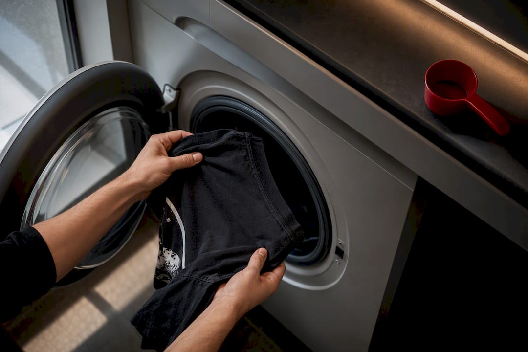 Hands loading a graphic tee for cold washing