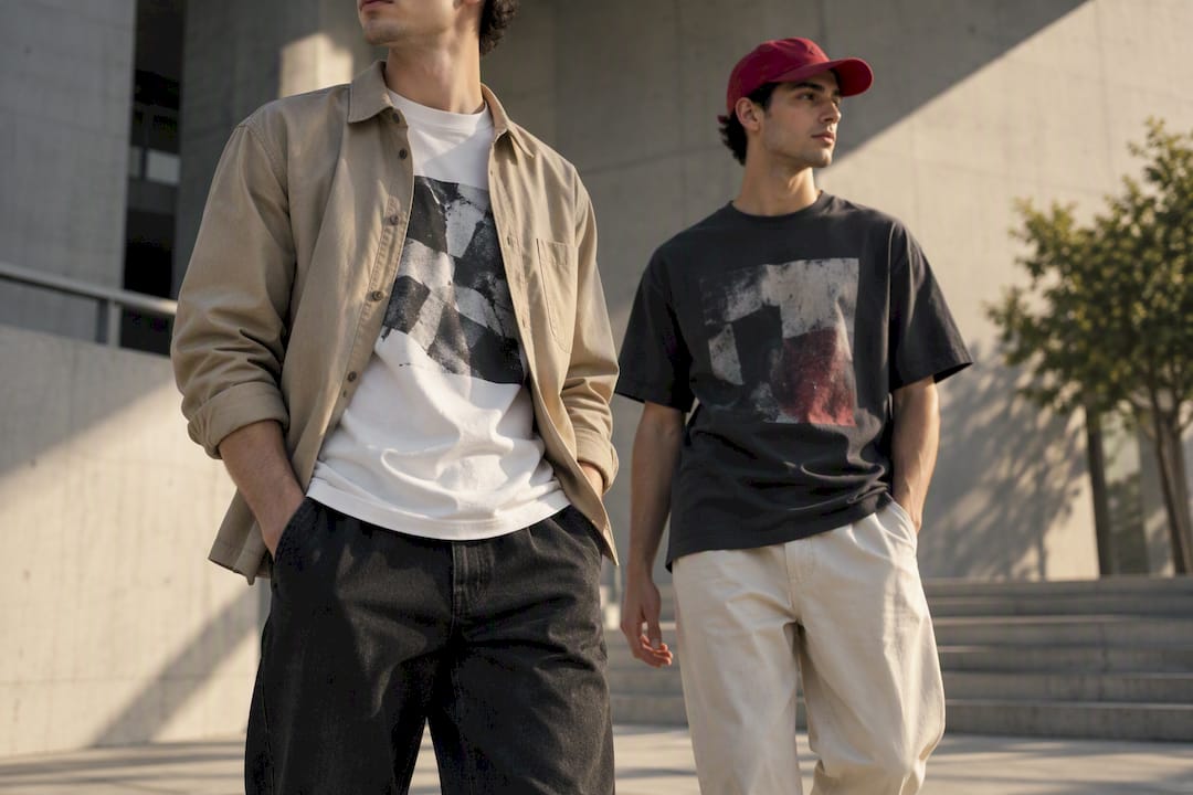 Men styling layered heavyweight graphic tees