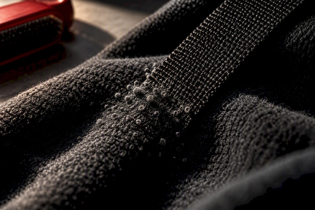Fleece fibers showing pilling from abrasion