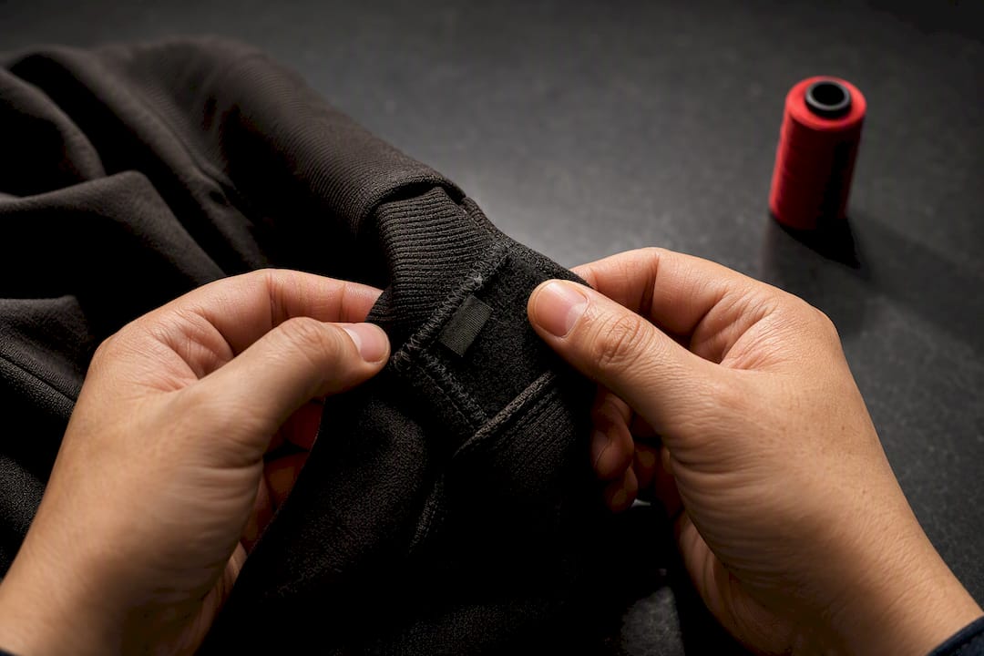 Hands inspecting a garment authenticity tag
