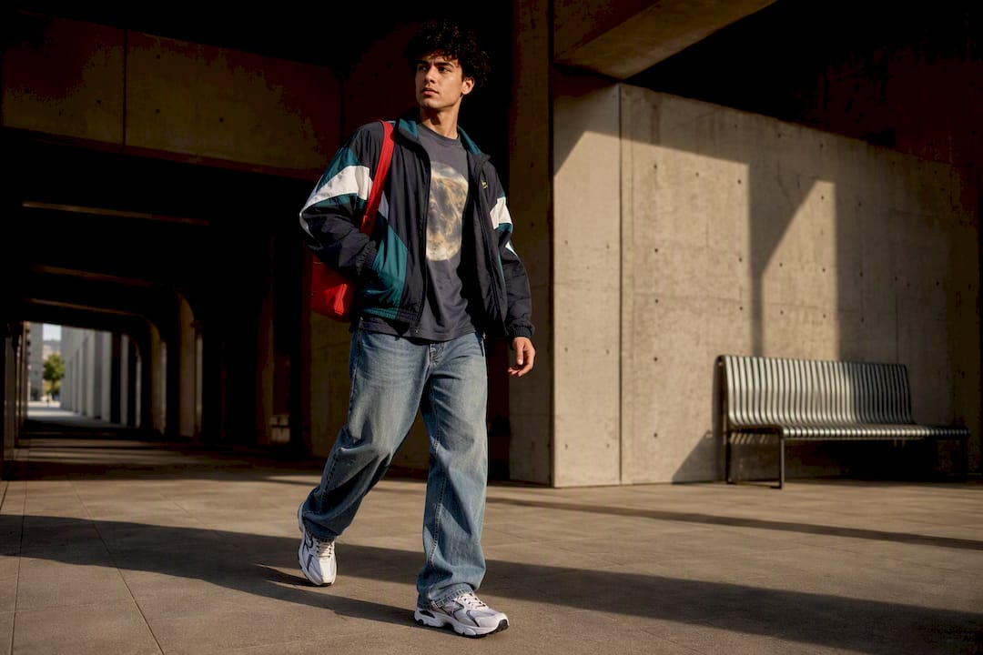 Person wearing layered retro streetwear outfit