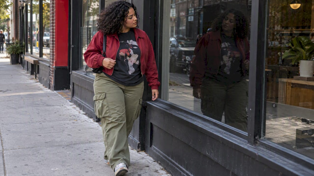 Curvy woman wearing layered streetwear outfit