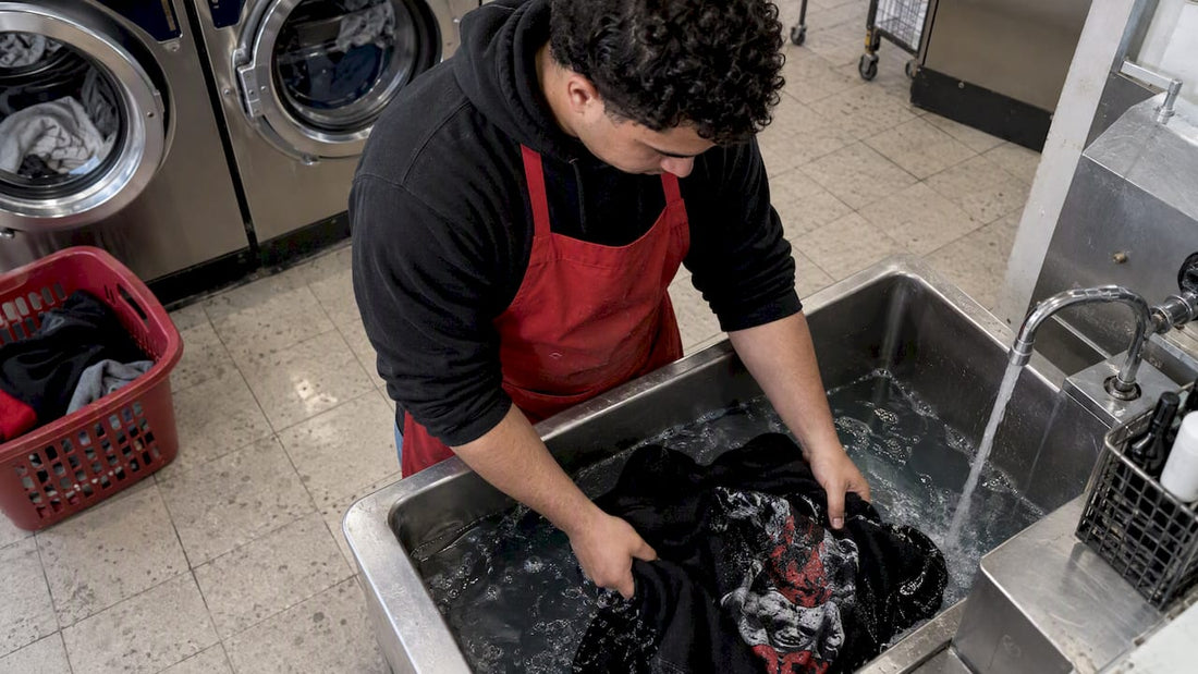 Person gently washing a black printed hoodie
