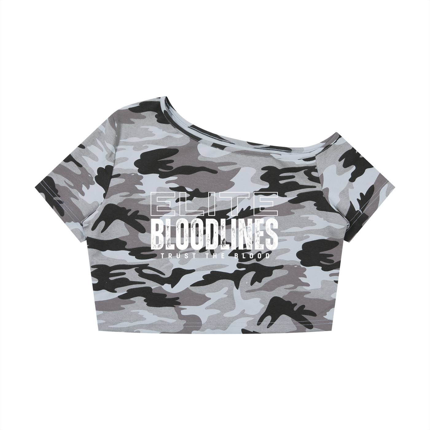 EB Core Line Camo Off-Shoulder Crop T-Shirt