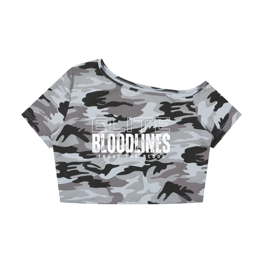 EB Core Line Camo Off-Shoulder Crop T-Shirt