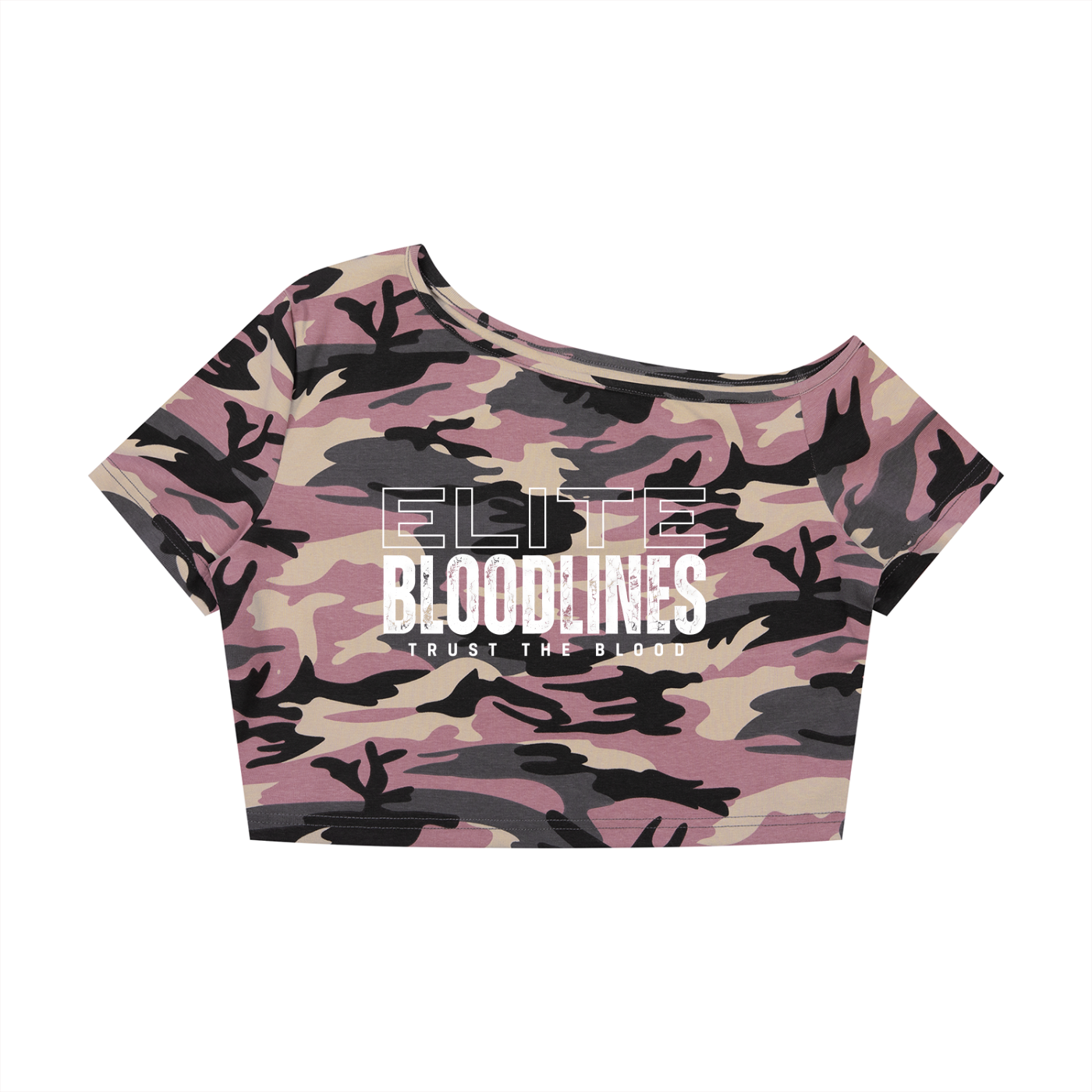 EB Core Line Camo Off-Shoulder Crop T-Shirt