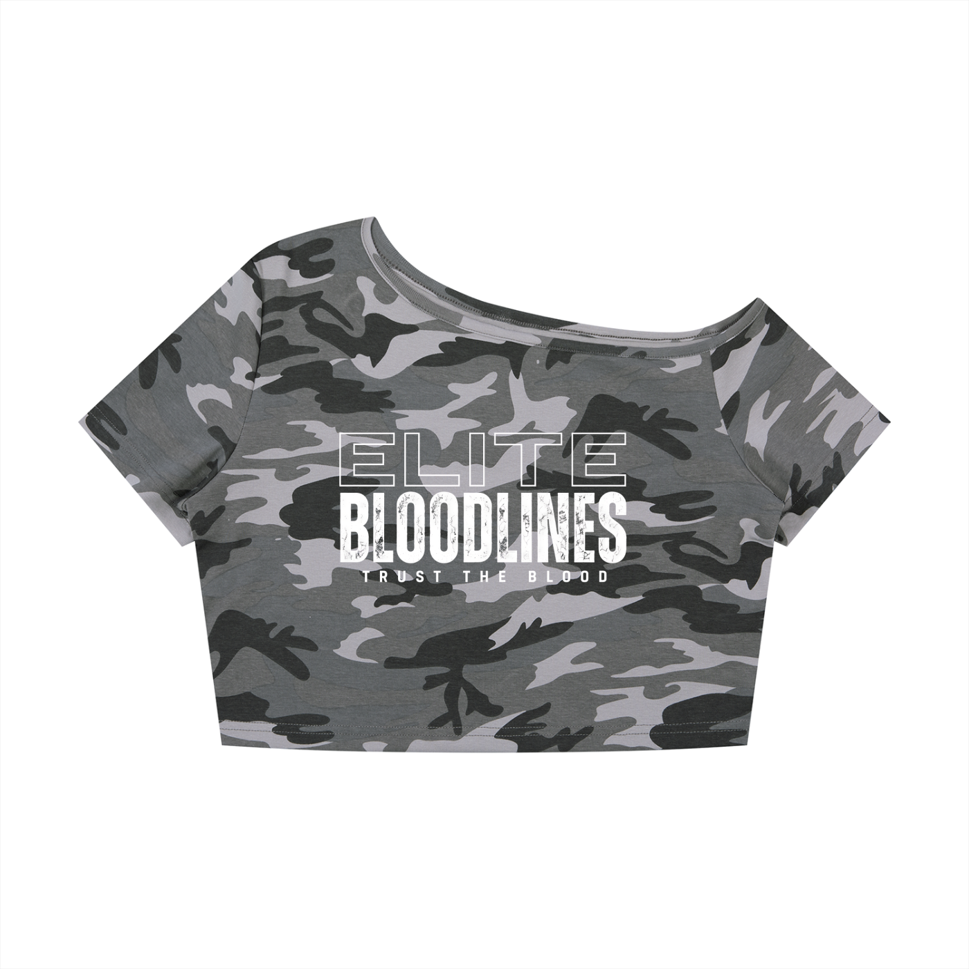 EB Core Line Camo Off-Shoulder Crop T-Shirt