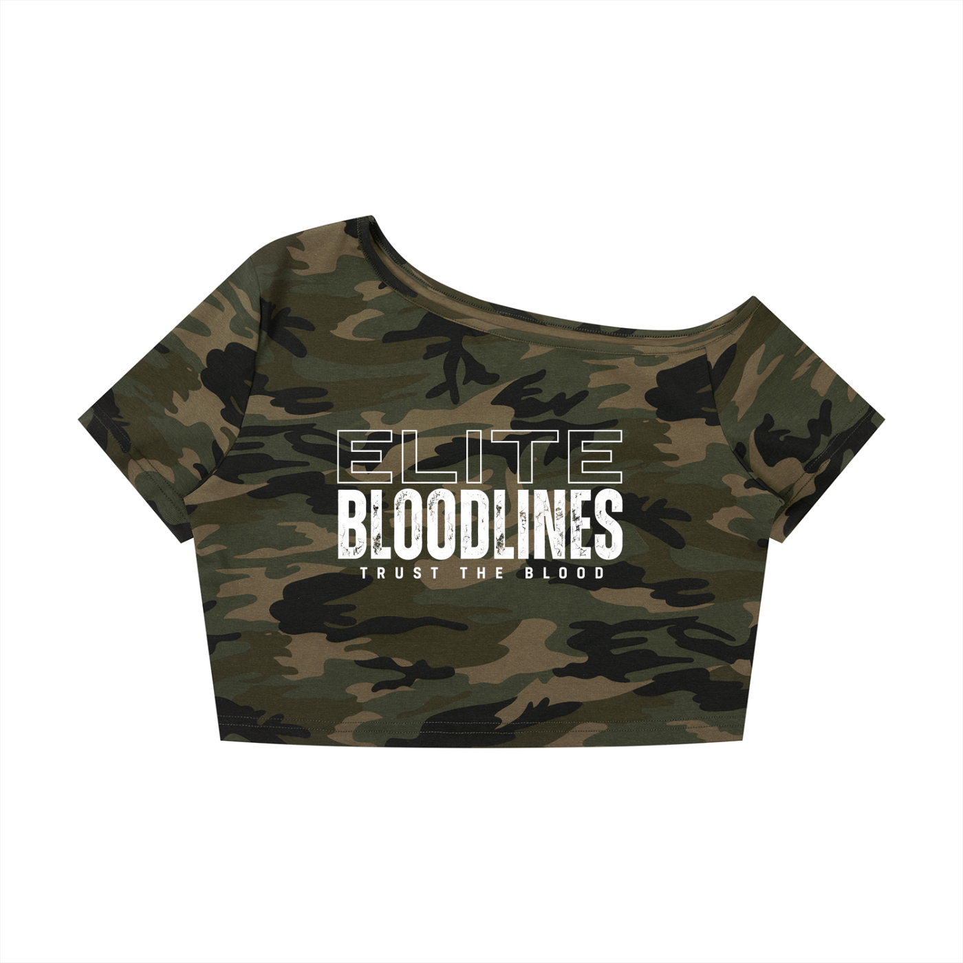 EB Core Line Camo Off-Shoulder Crop T-Shirt